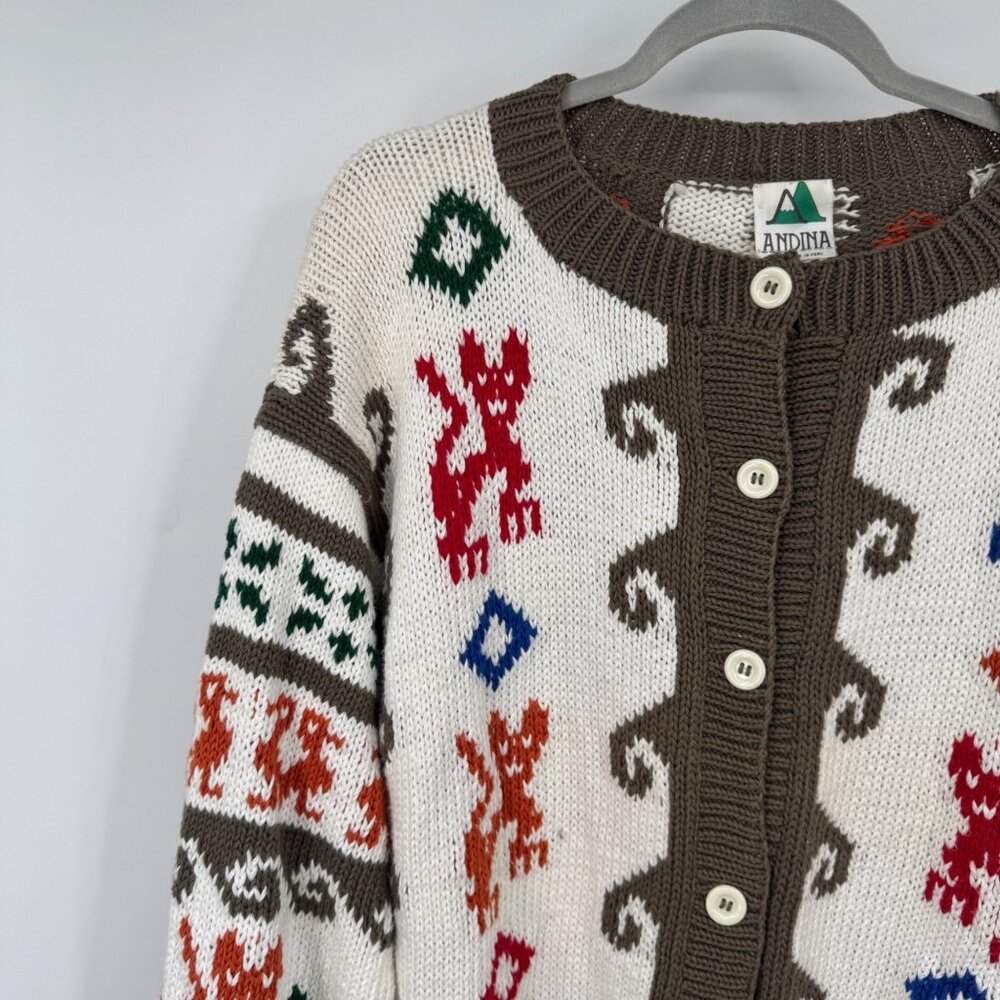 Vintage Andina graphic cardigan sweater  cotton white colorful size small woman’ - Picture 3 of 11